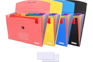 CASAON 4 Pack 7-Pocket Expanding File, Plastic Expandable File Folder with Pockets, A4/Letter Size Accordion Organizer Folder, for School and Office Supplies - Black&Blue&Pink&Yellow