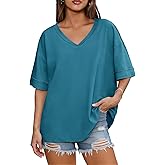 Tankaneo Womens V Neck Oversized Tshirts Summer Casual Short Sleeve Shirts Baggy Loose Fit Tees Tunic Tops