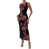 Trendy Queen Bodycon Maxi Dress Womens Sleeveless Floral Print Fitted Party Club Ruched Dresses with Side Slit