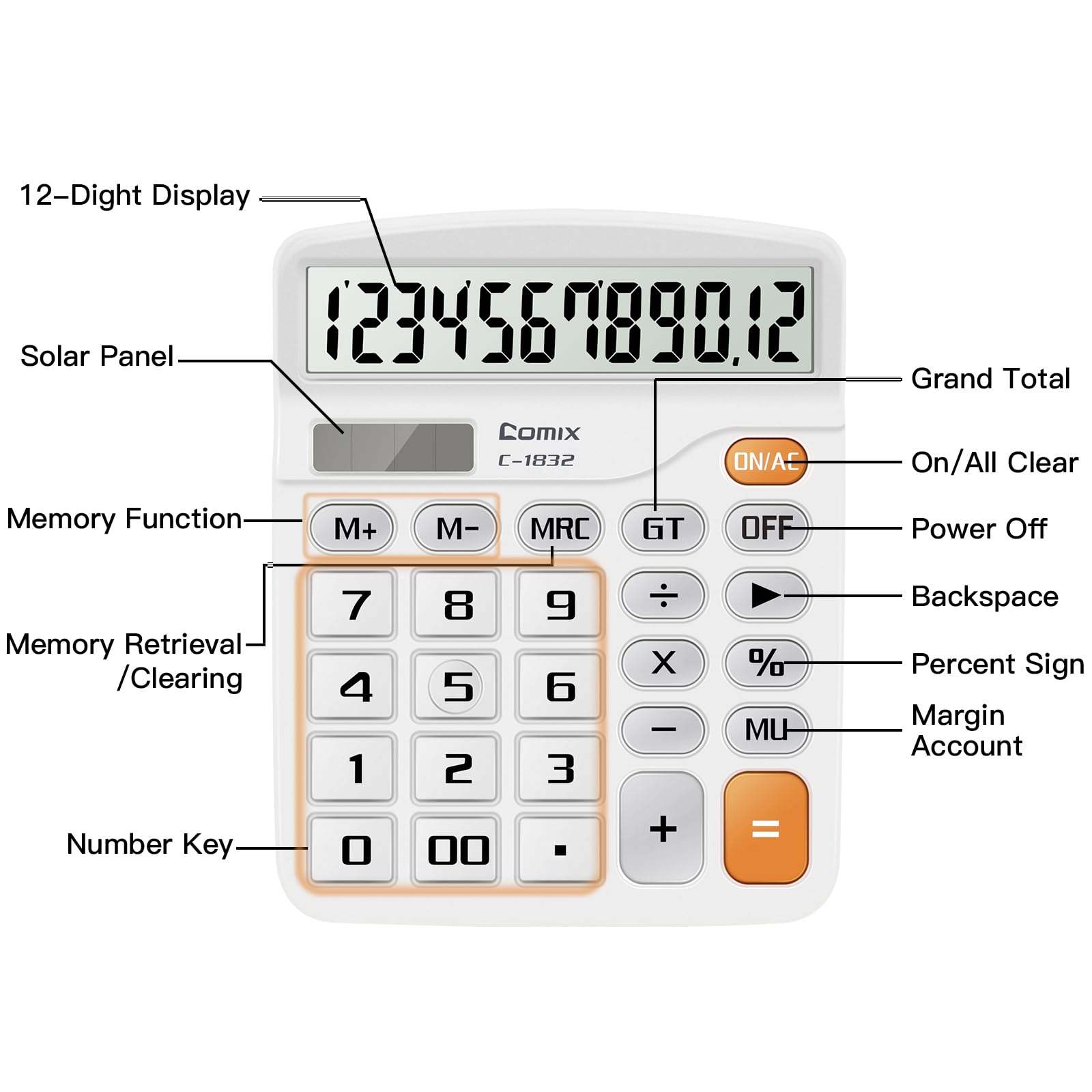 Comix Desktop Calculator 12 Digit with Large LCD Display and Big Button, 12 Digits Baisc Calculator, Solar Battery Dual Powered, for Office Home School C-1832(White)