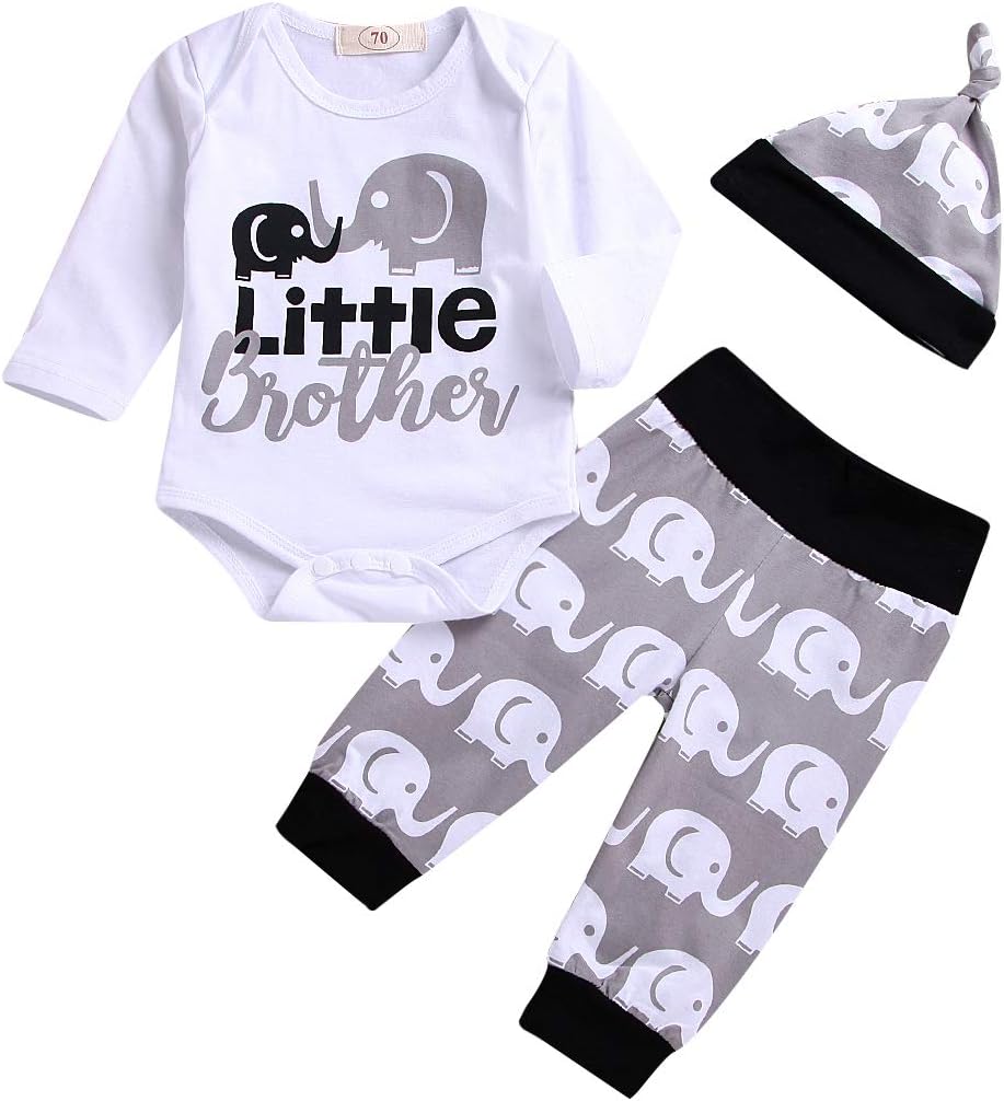 Little Brother Outfits, Infant Baby Boys Little Elephant Outfit Long Sleeve Romper Pants Hat Clothes Set