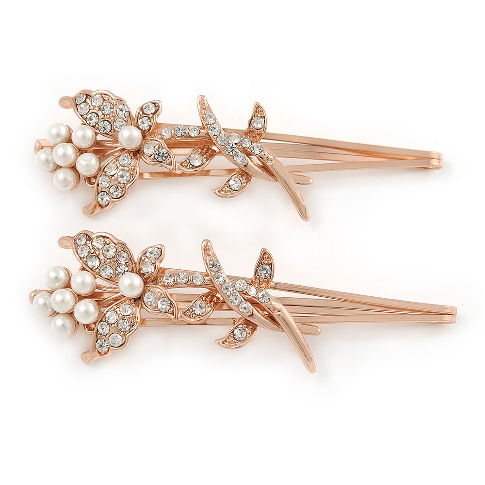 2 Bridal/Prom Clear Crystal, White Glass Pearl Butterfly Hair Grips/Slides In Rose Gold Metal - 70mm L