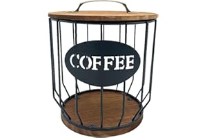 MYTOAU Coffee Pod Holder with Lid, Large Capacity K Cup Holder, Rustic Wooden Base, Black Wire Storage Basket for Kitchen Cou