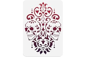 DOODLREAM Skulls Damask Stencil for Painting, 11.69"x8.27" Reusable Spliced Halloween Stencil Drawing Template, Baroque DIY Craft Paint Template for Wall Home Decor Wood Burning Card Journal Canvas