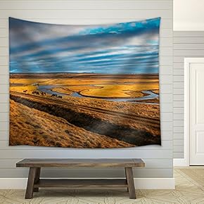 Vast Landscape with Yellow Grass and Horses in Autumn - Fabric Wall Tapestry Home Decor - 51x60 inches