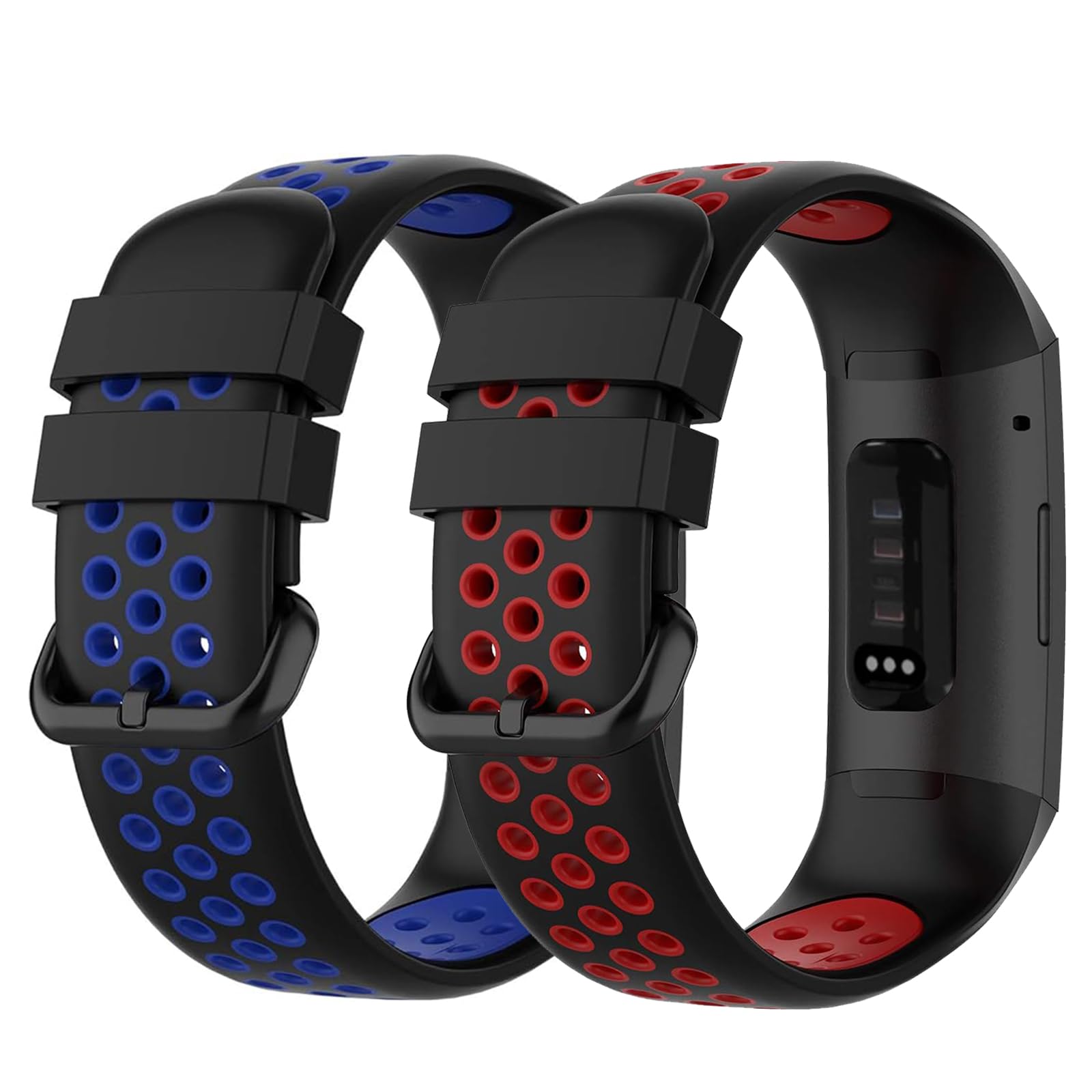 Photo 1 of 2 Pack Waterproof Bands Compatible with Fitbit charge 4 / Fitbit charge 3 / Fitbit Charge 3 SE, Classic Soft Breathable Sports Replacement Wristbands for Women Men (Small 5,5 "-7.5", blue/red)