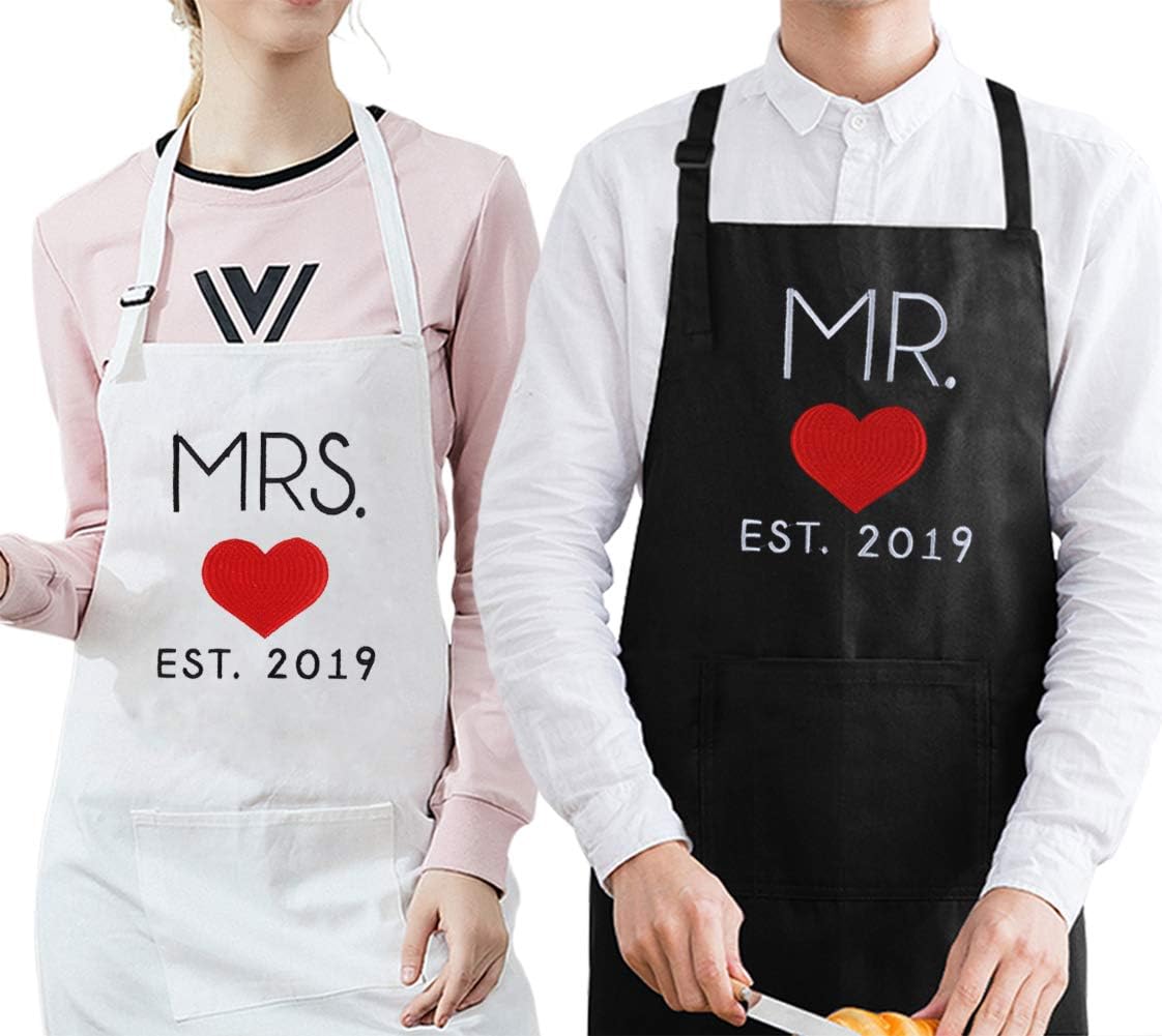 Fodiyaer Mr. and Mrs.2019 Embroidered Wedding Gifts for The Couple, Matching Couple Aprons for Bride and Groom, for His and Hers or Newlywed - Full Embroidered Pattern