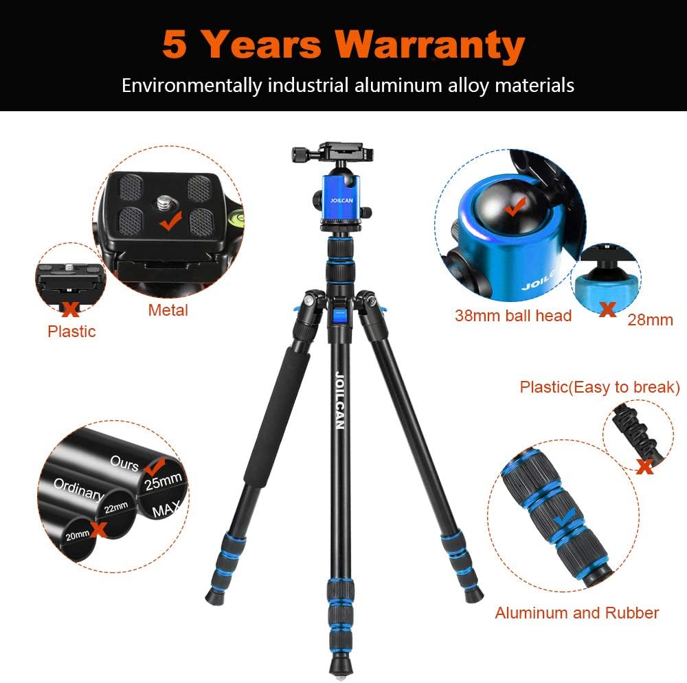 Joilcan 80-inch Tripod for Camera, Aluminum Tripod for DSLR, Monopod, Lightweight Tripod with 360 Degree Ball Head Stable for Travel and Work 18.5"-80", 19lb Load (Blue) : Camera & Photo