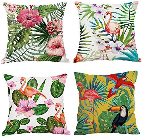 MHB Decorative Cushion Covers Tropical Series Cotton Linen Square Throw Pillow Case for Sofa,Bed,Chair,Auto Seat (Set of4)