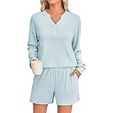 Braroz Womens Ribbed Knit 2 Piece Lounge Sets Outfits Long Sleeve Top and Shorts Pajama Sets Loungewear with Pockets