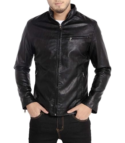 PASOK Men's Faux Leather Jacket Vintage Stand Collar Motorcycle PU