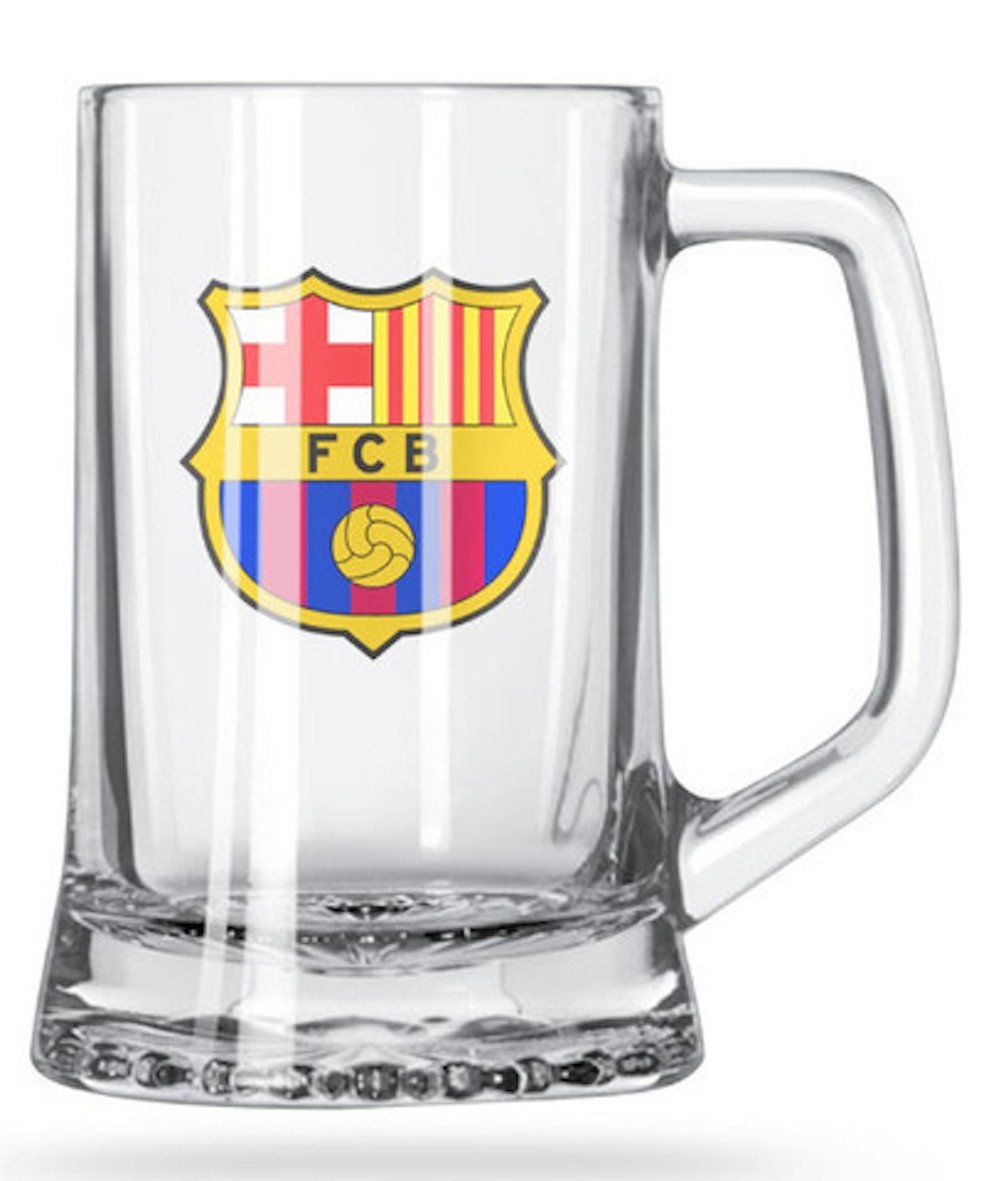 FC BARCELONA SHORT BEER MUG GLASS MUG WITH THE FC BARCELONA CREST IN FULL COLOR BUY THE FC BARCELONA BEER MUGS FOR YOUR NEXT PARTY GET SOME MUGS FOR A FRIEND GET SOME FOR YOU TOO