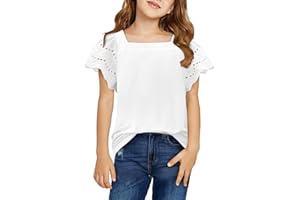 Yoklass Girls Casual Shirts Square Neck Ruffle Sleeve Tops Solid Loose Blouses 5-14 Years