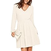 Glamaker Women's Long Sleeve Mini Sweater Dress 2024 Fall Ribbed Knit Dress Casual V Neck Ruffle Flowy Tiered Dresses