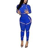 Ophestin Womens Sexy 2 Piece Club Outfits Mesh Hollow Out Long Sleeve Jumpsuit Bodysuit and Leggings Set