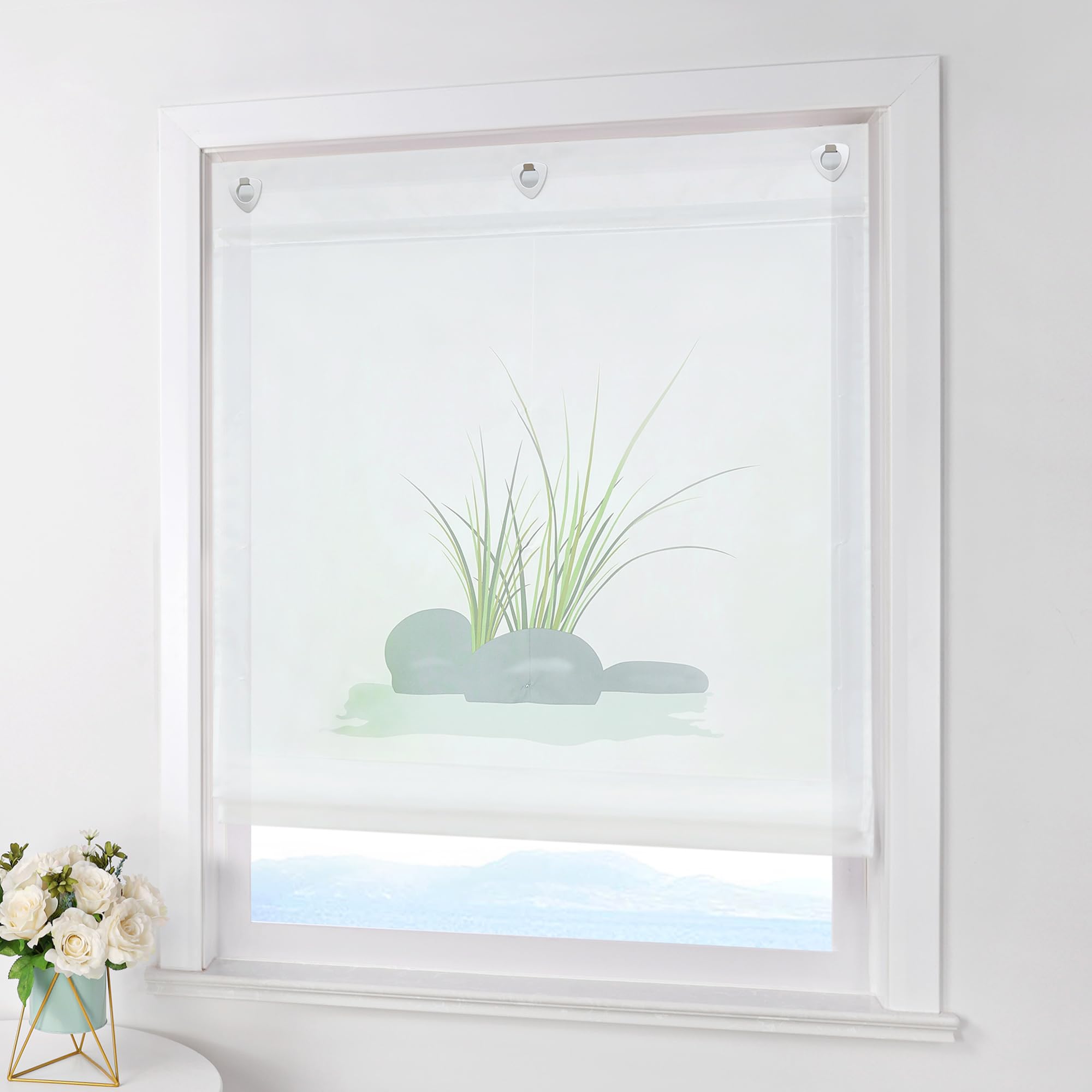 ESLIR Roman Blind, No Drilling, Kitchen Roman Curtains with Eyelets, Transparent Eyelet Roller Blind, Curtains with Glass Print, Voile White, W x H 80 x 140 cm, 1 Piece