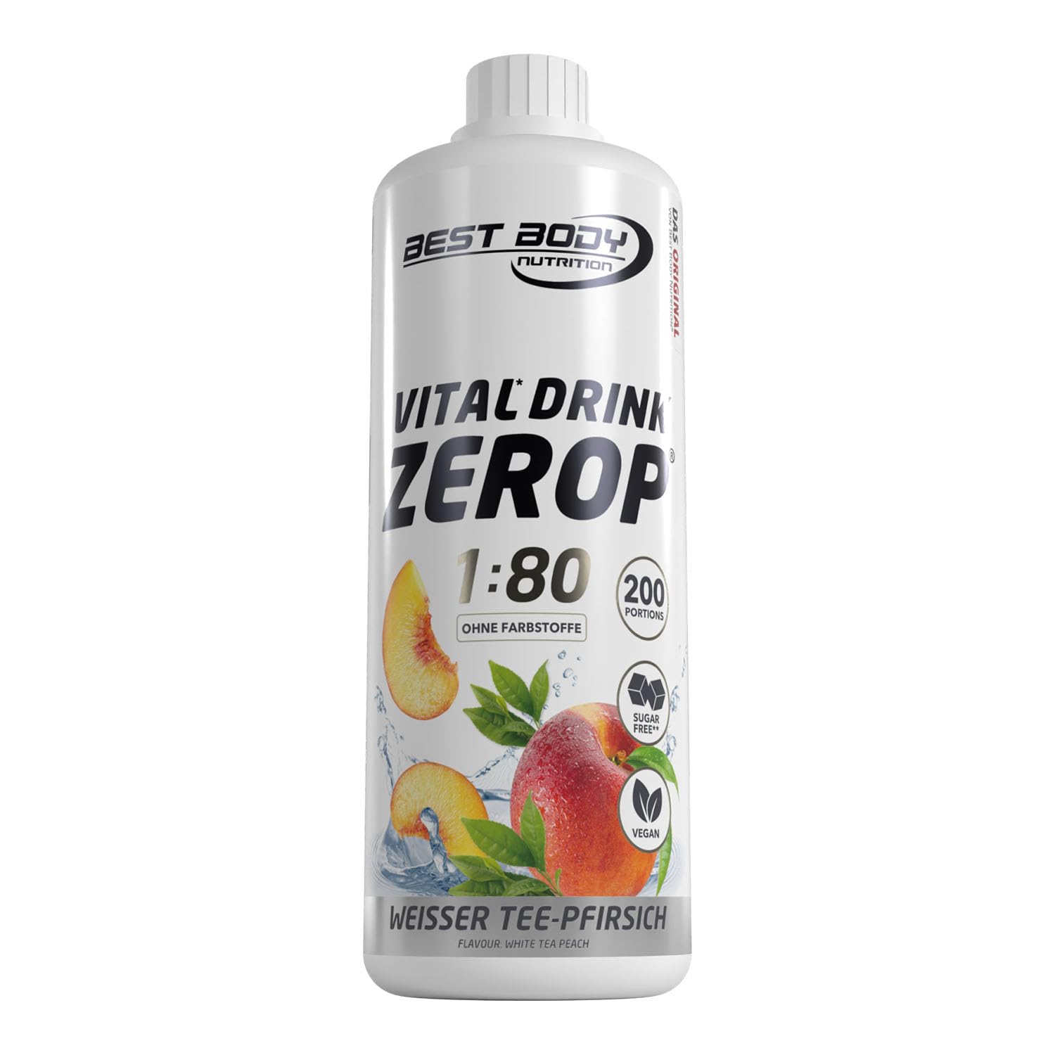 Best Body Nutrition ZEROP Vital Zuckerfreies Getränkekonzentrat Sirup Weißer Tee-Pfirsich Ohne Aspartam 1 L ergibt 80 L Getränk Fitness Drink mit Vitaminen B1 B6 Niacin Kalorienarm Wassersprudler