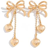 Dainty Bow Heart Dangle Earrings for Women,Trendy Rhinestone Cz Dangling Prom Fashion Jewelry Gift Rose Gold Ribbon Drop Love Earring