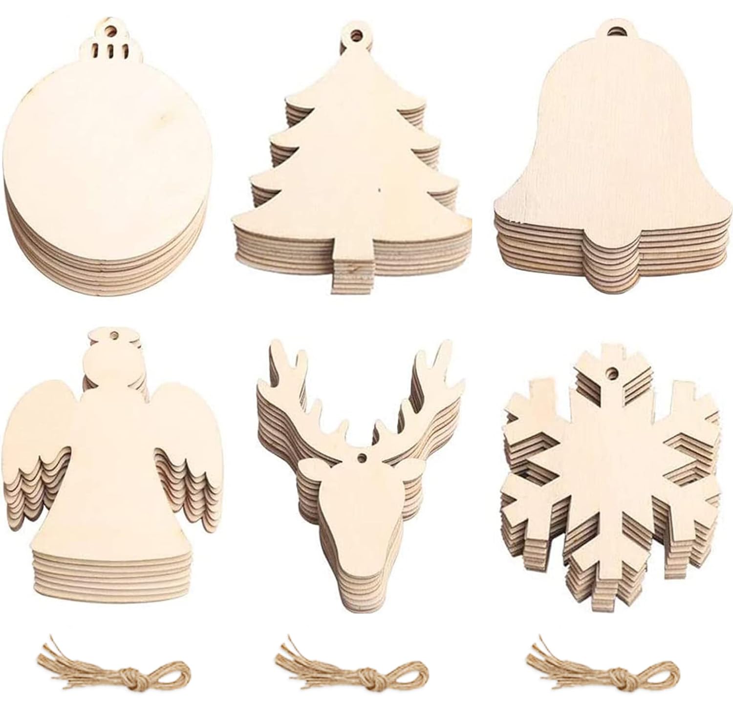60PCS Wooden Decorations for Crafting, 6 Styles Wooden Christmas Tree Decorations with Holes and String, Christmas Decorations Include Snowflake, Bell, Reindeer, Christmas Tree