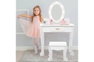 GarveeHome Kids' Vanity Set with Mirror and Light, Makeup Table and Stool for Girls, Vanity Table and Chair Set with Wood Makeup Playset for 4-9 Girls, White (Batteries Not Included)