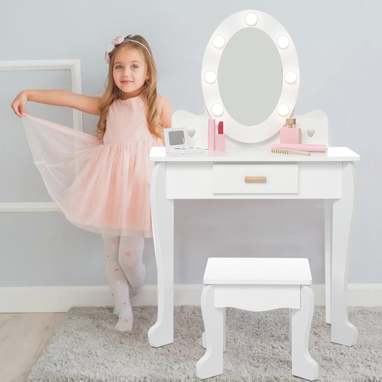 Photo 1 of ***UNKNOWN DAMAGES/ MISSING ASSEMBLY PIECES*** GarveeHome Kids' Vanity Set with Mirror and Light, Makeup Table and Stool for Girls, Vanity Table and Chair Set with Wood Makeup Playset for 4-9 Girls, White (Batteries Not Included)