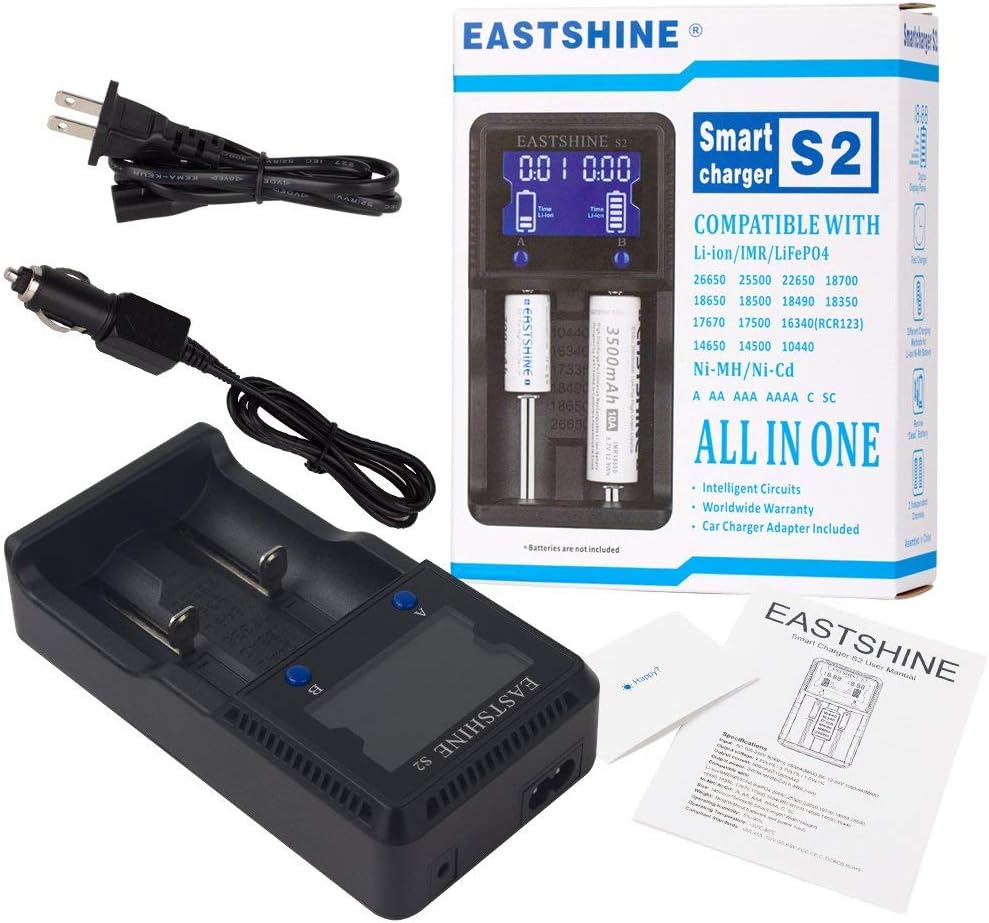 Universal Battery Charger EASTSHINE S2 LCD Display Speedy Smart Charger for Rechargeable Batteries Ni-MH Ni-Cd AA AAA Li-ion LiFePO4 IMR 10440 14500 16340 18650 RCR123 26650 18500 17670 & Car Adapter: Electronics
