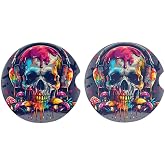 Cup Holder Coaster for Car, 2 Pack Car Coasters for Cup Holders, Cork Base Car Cup Coasters for Drinks, Universal Funny Car Accessories, Halloween Decorations Table Coaster Home Decor (Colored Skull)