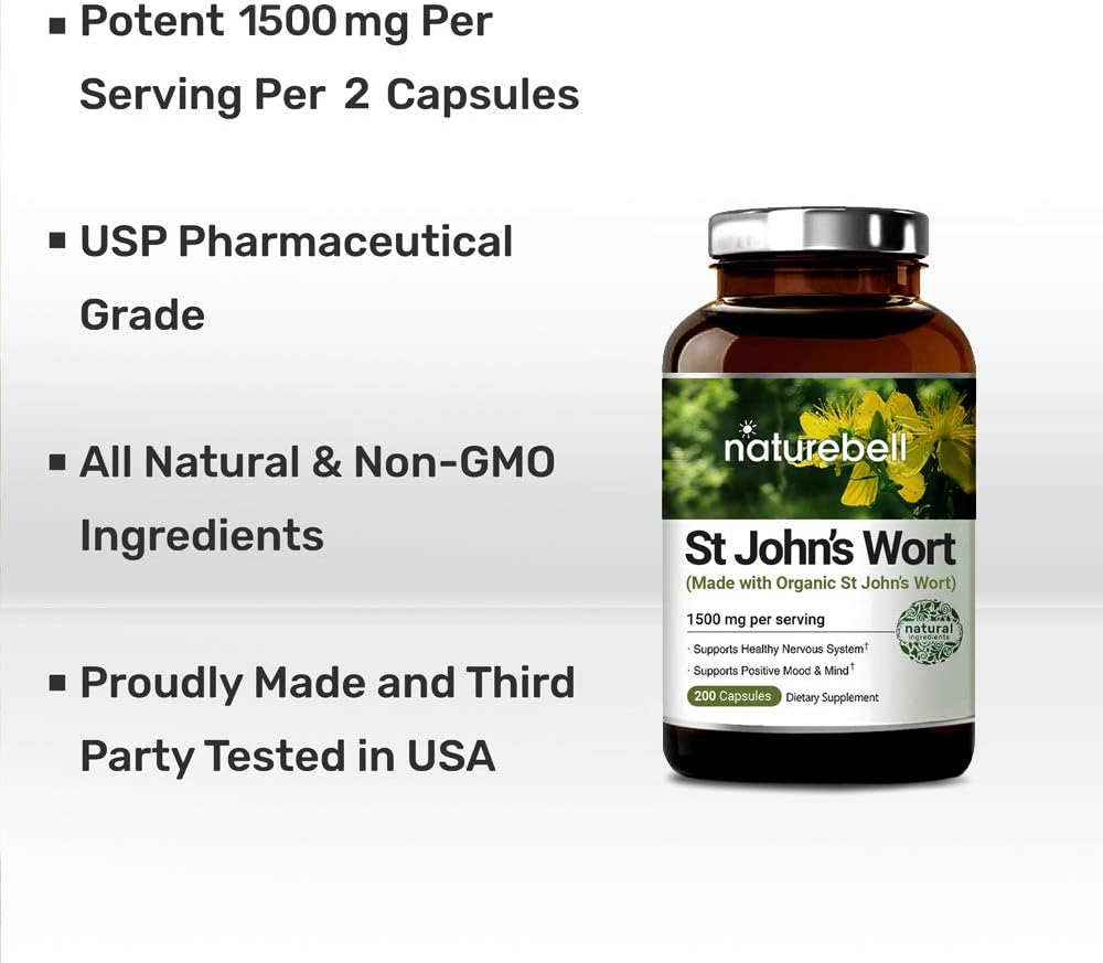 St John's Wort Supplement, Made with Organic St John's Wort Complex, 1500 mg Per Serving, 200 Capsules, Strongly Supports Positive Mood, Mind and Nervous System, No GMOs: Health & Personal Care