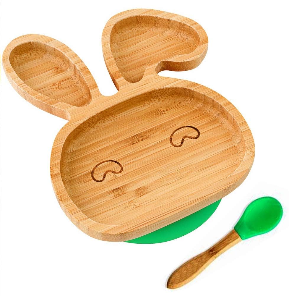 Baby Toddler Bamboo Plate with Silicone Suction and spoon - Stay Put Plate - Bamboo Plate Gripper Mat Weaning Self Feeding,Green,bunny