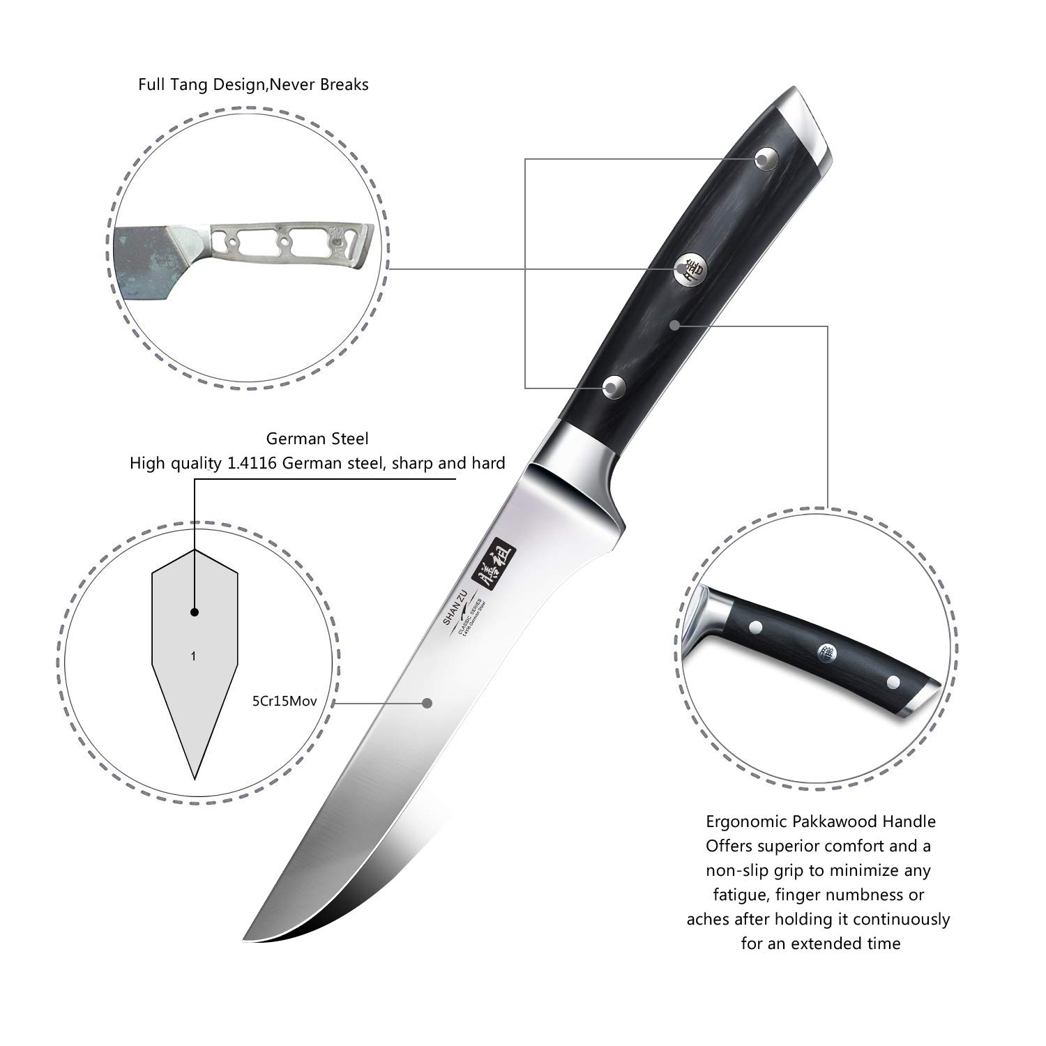 Boning Knife 6.5 inch, SHAN ZU Chef Knife Professional Kitchen Knife Cutlery Kitchen Cooking Chef Bone Knife Set Ultra Sharp German Stainless Steel Blade for Fish Beef Meat Home Restaurant Travel Skin