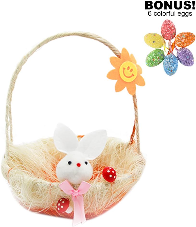 Easter Basket, MeeQee Easter Egg Basket with 6pcs Colorful Eggs for Kids Easter Egg Hunts, Easter Decoration Gifts – Light Yellow