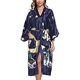 BestWendding Women's Satin Kimono Robes Floral Patterned Long Bathrobe Silky Dressing Gown Bridesmaid Robes with 2 Pockets