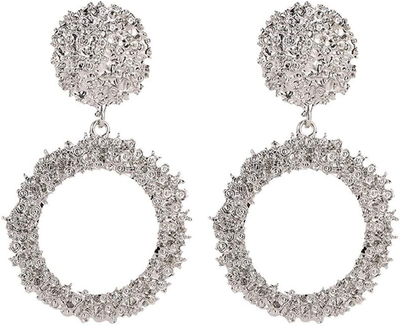 Minshao 1 Pair Alloy Elegant Charm Boho Statement Big Geometric Round Drop Dangle Stud Earring for Women (Silver)