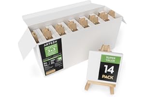 ARTEZA Small Canvases for Painting with Easels, Pack of 14, 3 x 3 Inches, Blank White Canvas for Painting, Art Supplies for Acrylic, Oil and Gouache
