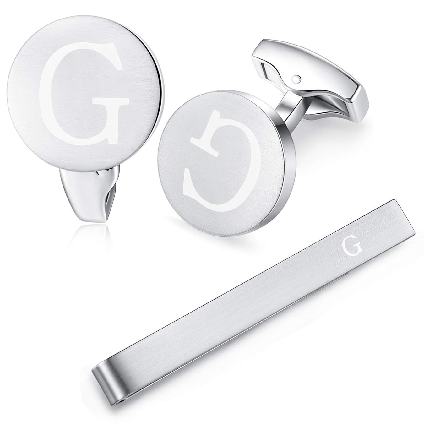 HONEY BEAR Initial Alphabet Letter Cufflinks Tie Clip Set for Mens - Brushed Silver Round Stainless Steel, for Business Wedding Gift,5.4cm (G)