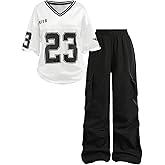 Floerns Girl's 2 Piece Outfit V Neck Short Sleeve Jersey Shirt and Cargo Pants Set