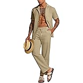 UOUA Mens 2 Piece Linen Set Summer Beach Button Down Short Sleeve Shirt Long Pant Vacation Casual Outfit
