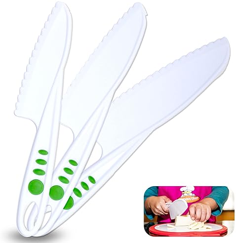 Kids' Baking Supplies - Curious Chef Kid Safe Kitchen Knife Set - 3-Piece Nylon Knives for Kids, White & Green, Ages 4+ - Non-Scratch Tools for Nonstick Pans & Kitchen Tool Set