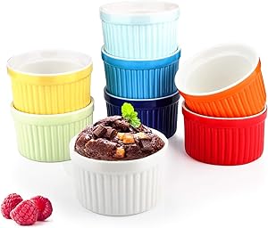 Colorful Ramekin Bowls 8 PCS,4 OZ Bakeware Set for Baking and Cooking, Oven Safe Sleek Porcelain Ramikins for Pudding, Creme Brulee, Custard Cups and Souffle Small instant table tray