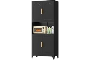 SteeLoong Kitchen Pantry Storage Cabinet with Microwave Stand，Black 75" Tall Metal Cupboard with 4 Doors and Adjustable Shelves for Bathroom, Dining Room