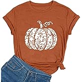 Women's Pumpkin Graphic Shirt Cute Happy Halloween Letter Print Tee Novelty Athletic Short Sleeve Tops