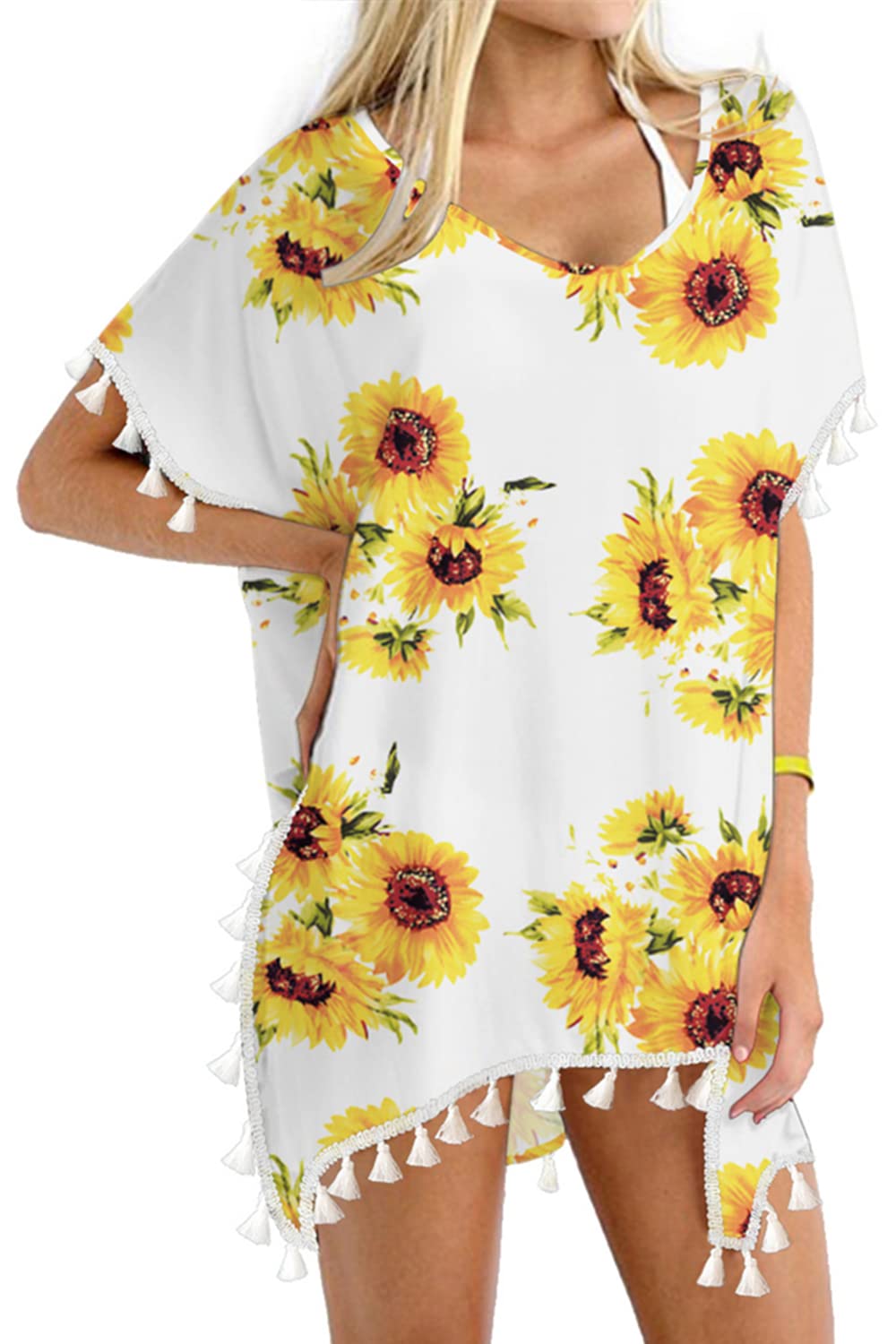 Photo 1 of Yincro Women Chiffon Tassel Swimsuit Cover Up Beach Coverups for Swimwear(Sunflower, 1X-2X)