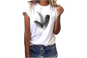 SMIDOW Cute Summer Tops for Women 2024 Dressy Casual Feather Print Shirts Short Sleeve Graphic Tees Basic Tshirt