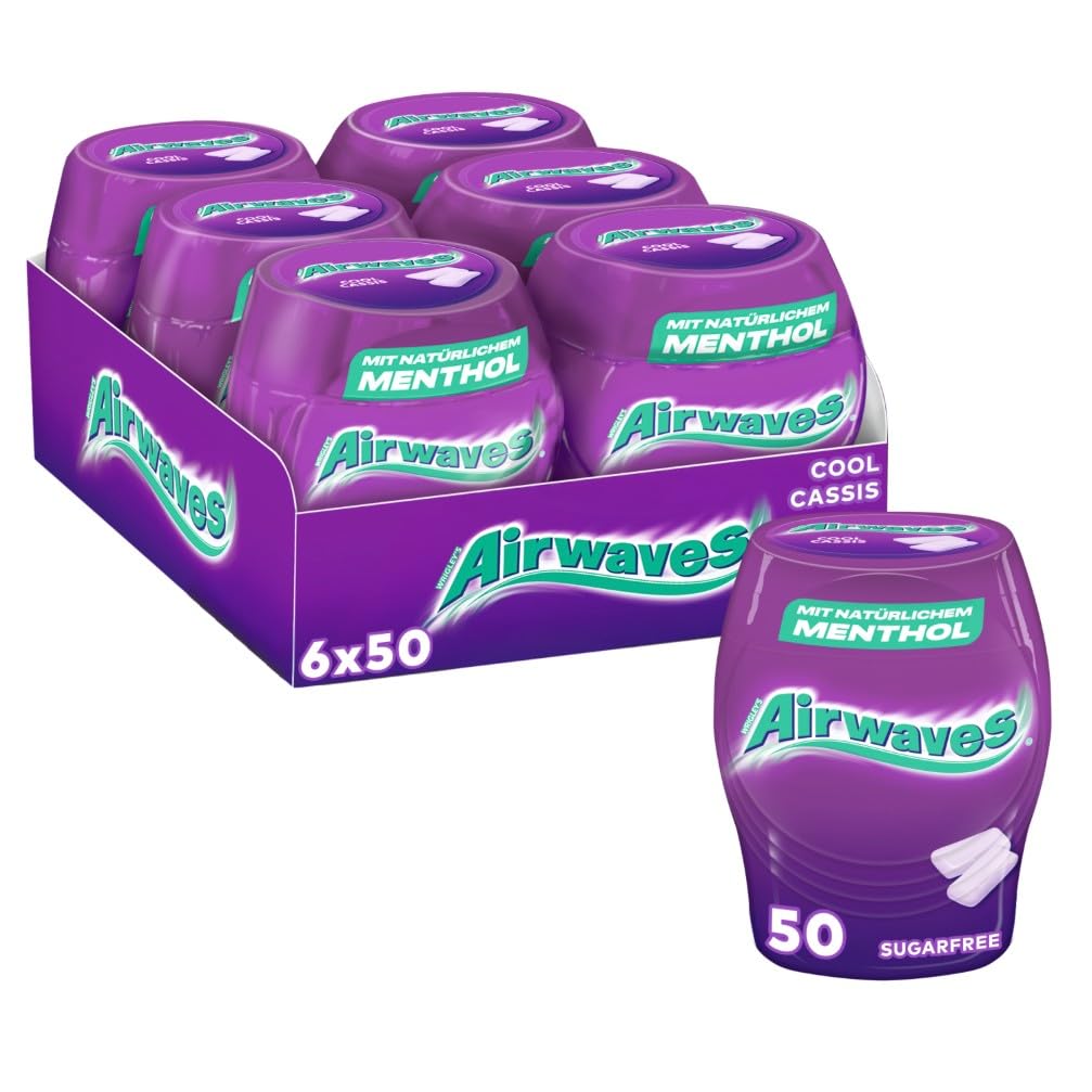 Airwaves Kaugummi Zuckerfrei, Cool Cassis Gum, 6 x 50 Dragees, Großpackung Chewing Gum, Kaugummi ohne Zucker mit Minz Frische (300 Dragees)