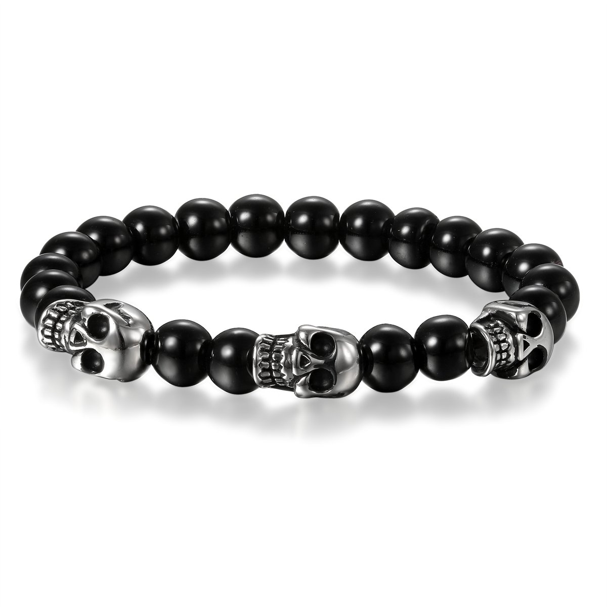 Cupimatch Stainless Steel Skull Bracelet, Mens Skull Bracelet 8mm Buddha Black Beads Stretch Gothic Jewelry (Black) for Father's Day