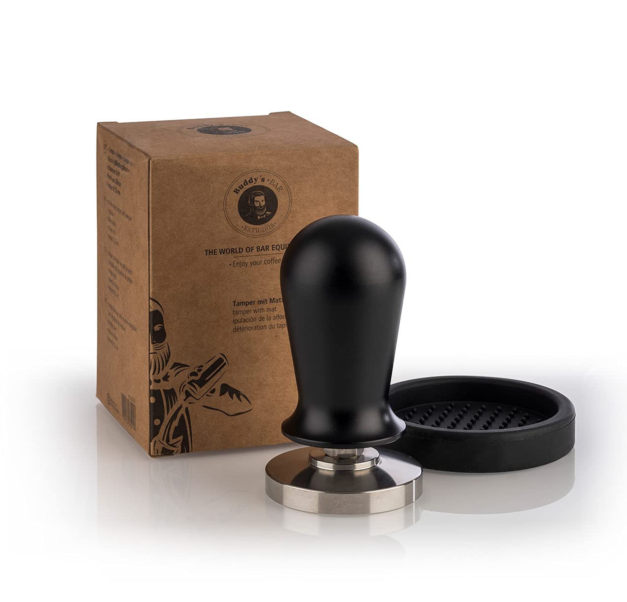 Buddy´s Bar Barista Edition premium tamper coffee compressor diameter 53 mm base height 10 cm stainless steel espresso stamp for 53 mm filter holder coffee tamper with silicone mat black handle