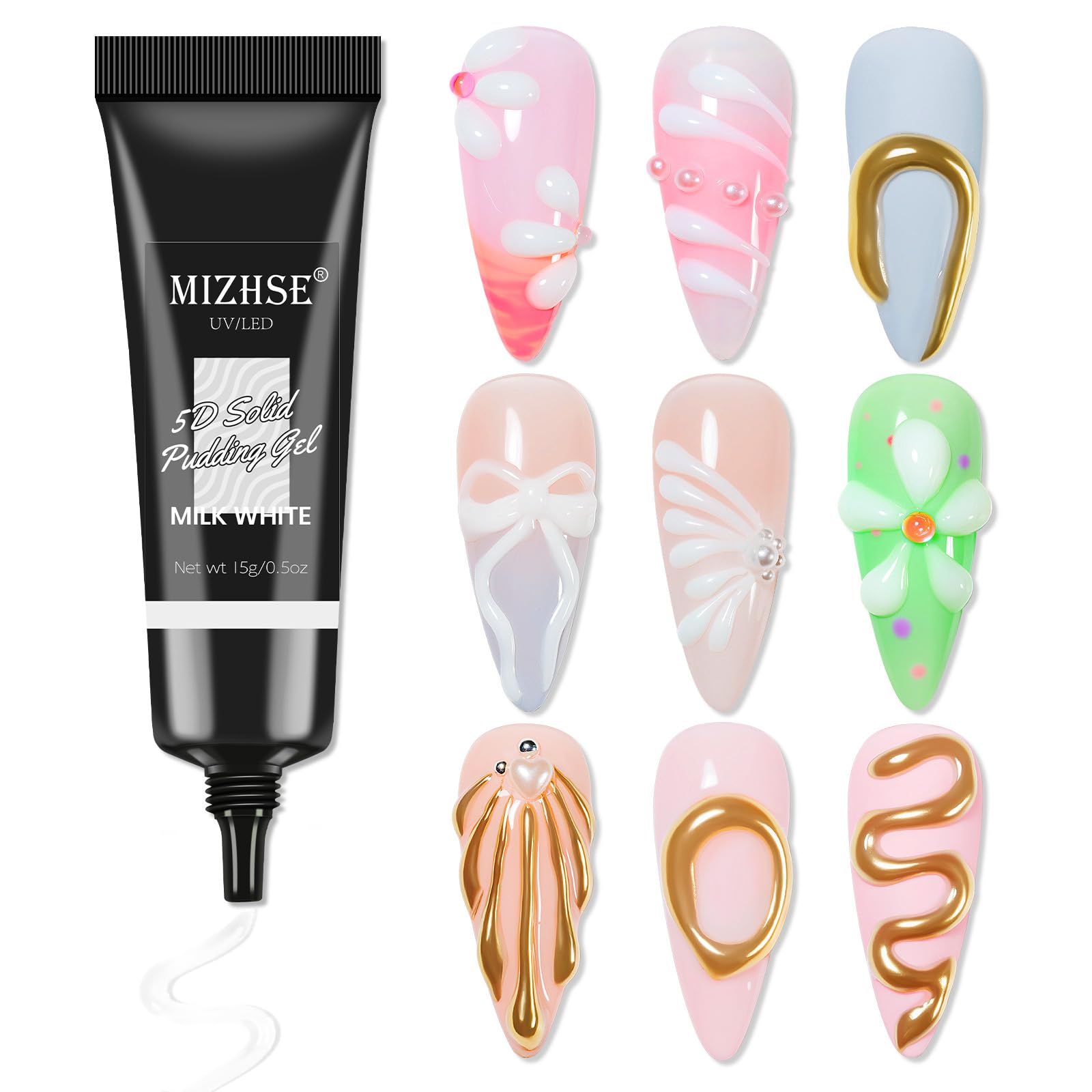 MIZHSE 3D Nail Gel - Sculpting Gel for Nail Art, No Wipe 3D Gels, Nails Glue, White,15g