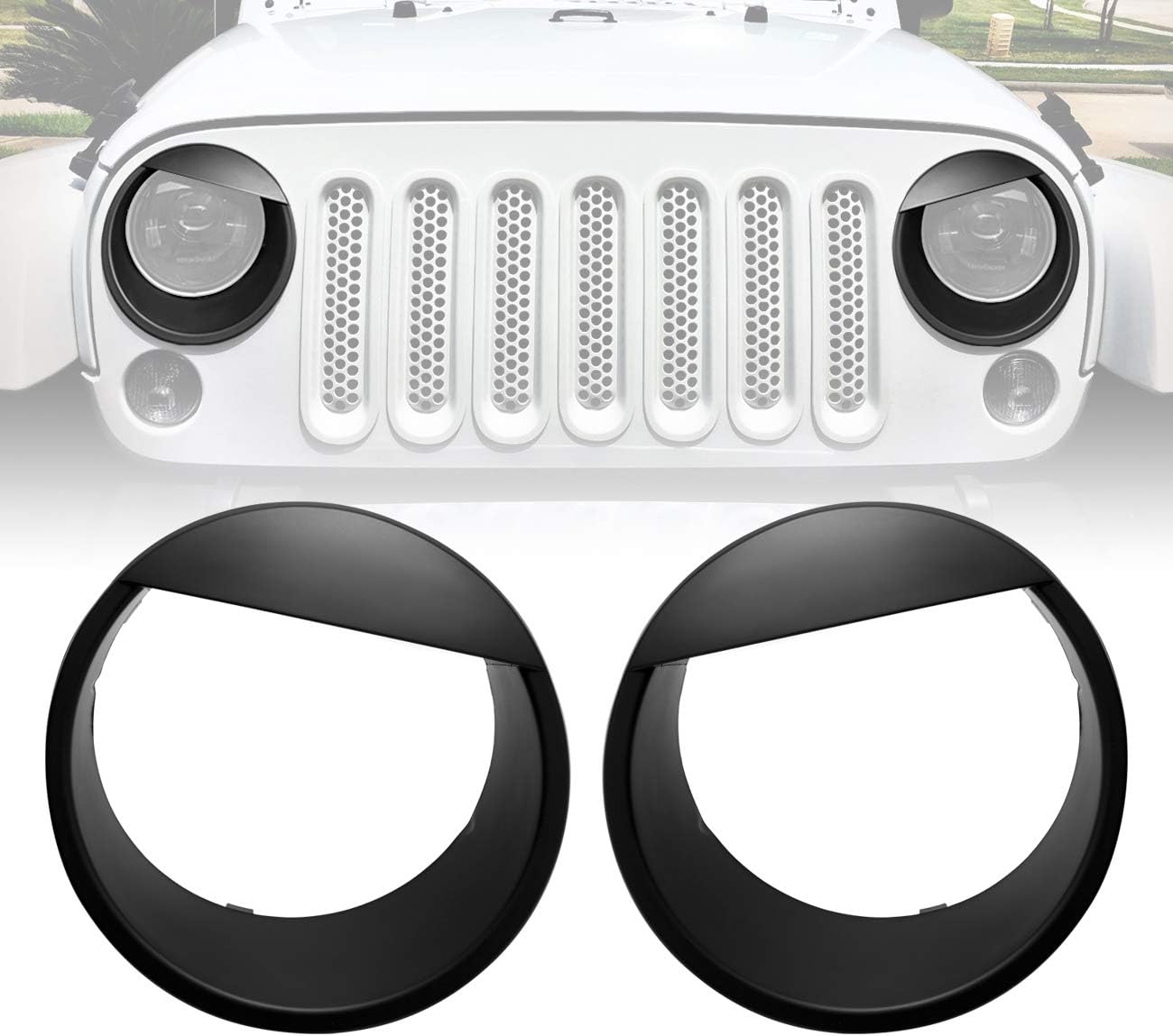 ICarszone ICARS Black Angry Bird Style Front Headlight, Trim Cover Bezels Compatible with 2007-2018 Jeep Wrangler JK JKU Rubicon Sahara Sport Unlimited Accessories - Pair