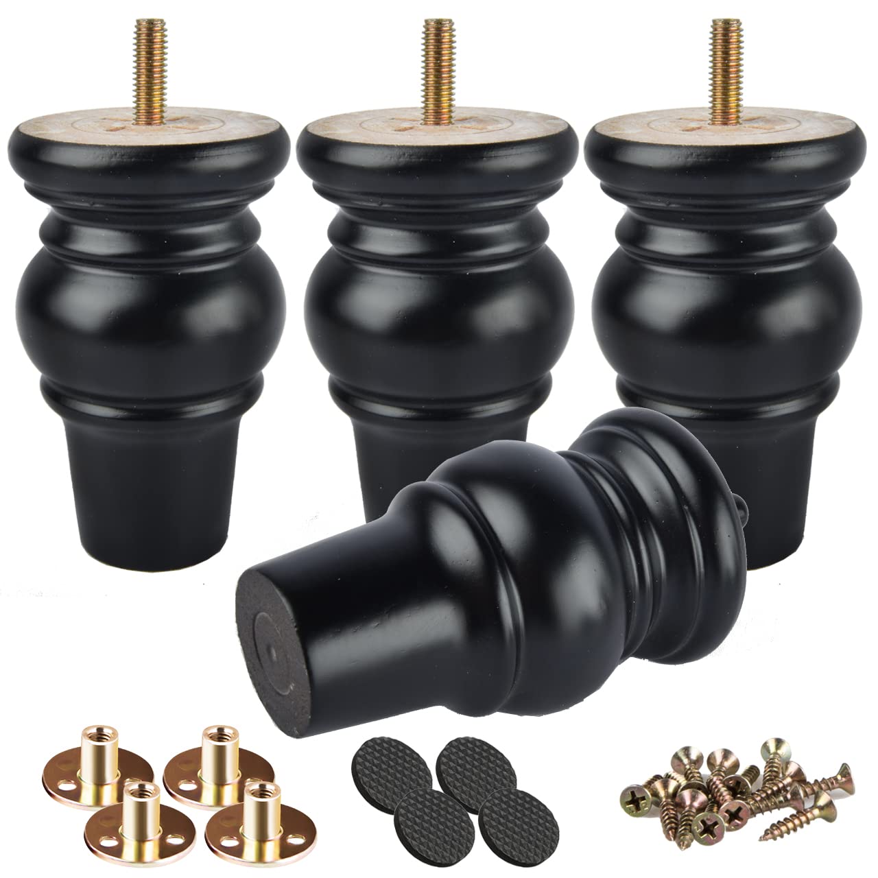 Photo 1 of 4 inch Solid Wood Furniture Legs, Btowin 4Pcs Wooden Turned Bun Feet with Threaded 5/16'' Hanger Bolts & Mounting Plate & Screws for Sofa Couch Chair Ottoman Loveseat