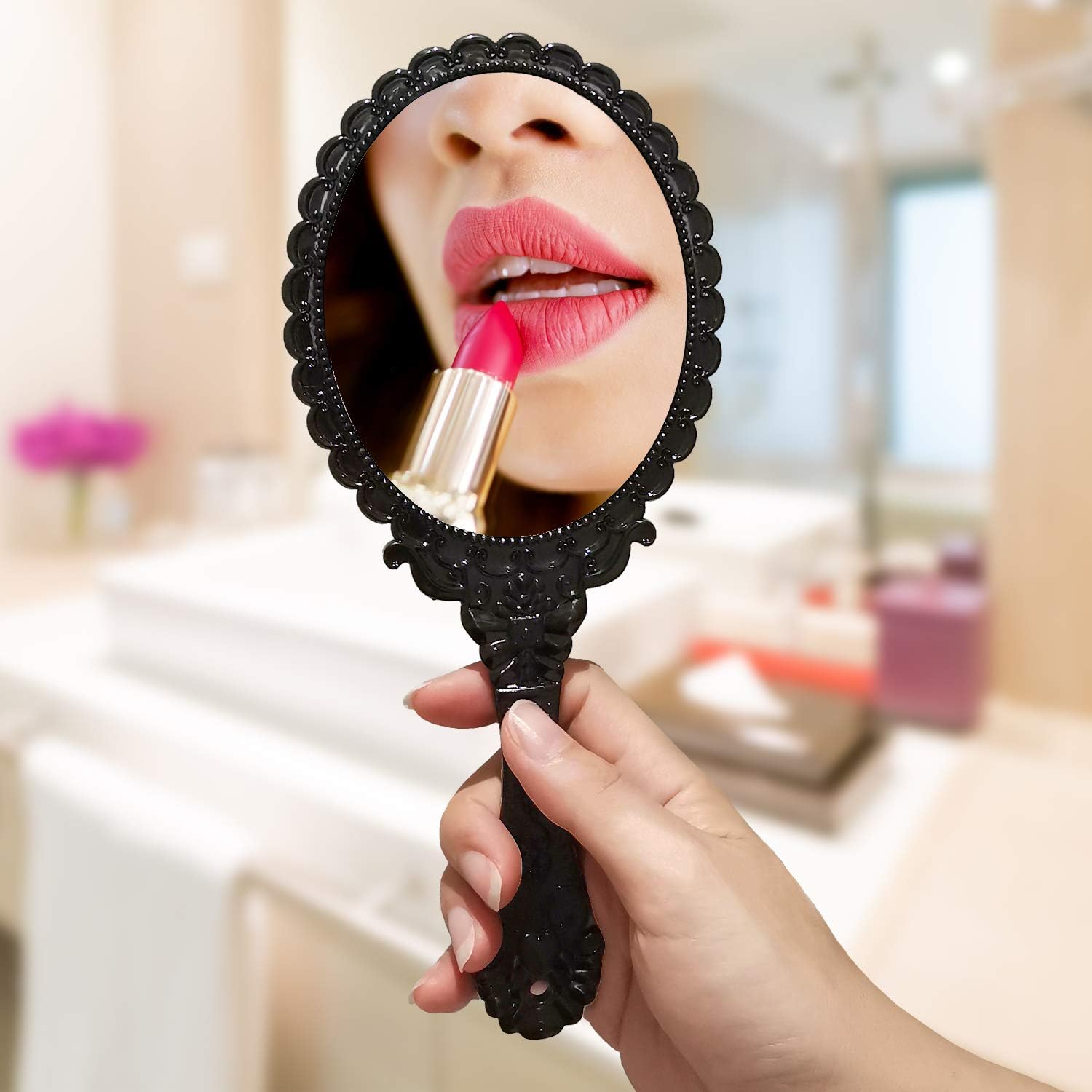 Yusong Vintage Handheld Mirror, Small Hand Held Decorative Mirrors for Face Makeup Embossed Flower Portable Antique Travel Personal Cosmetic Mirror with Powder Puff (Black): Furniture & Decor